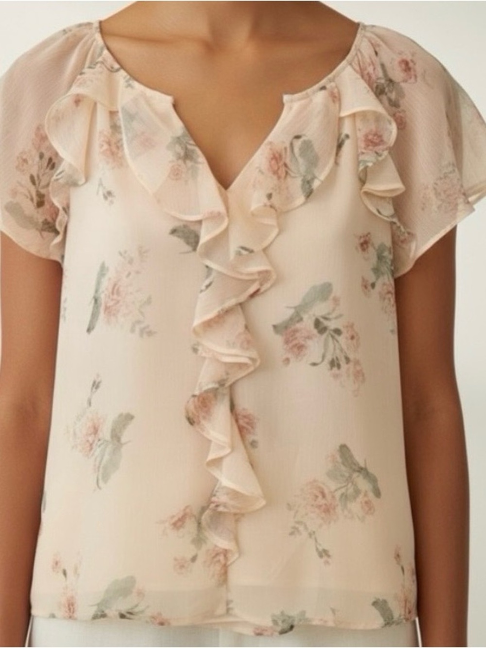 LOFT Blush Pink Floral Ruffle Blouse Medium Sheer Lined Flutter Sleeve